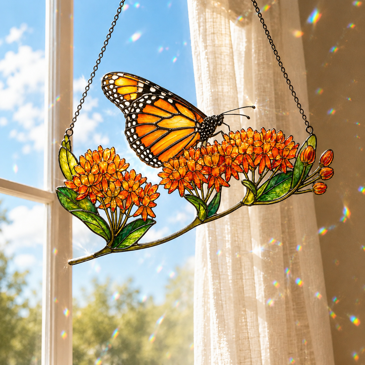 Monarch Butterfly & Orange Milkweed Holographic Acrylic Suncatcher