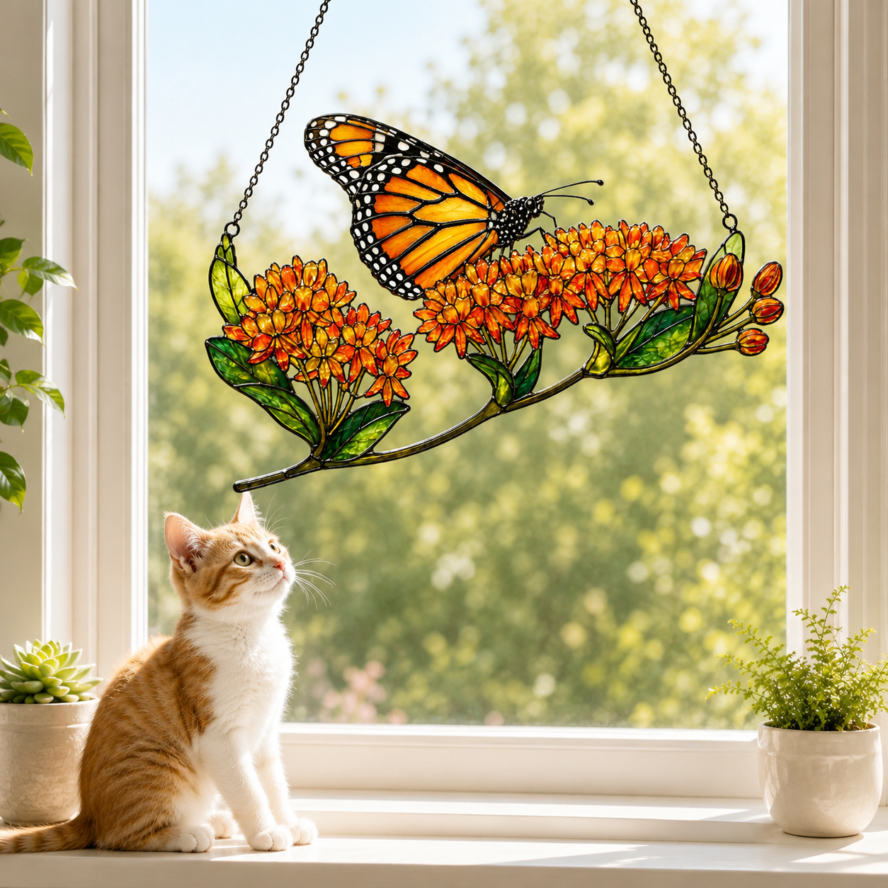 Monarch Butterfly & Orange Milkweed Holographic Acrylic Suncatcher