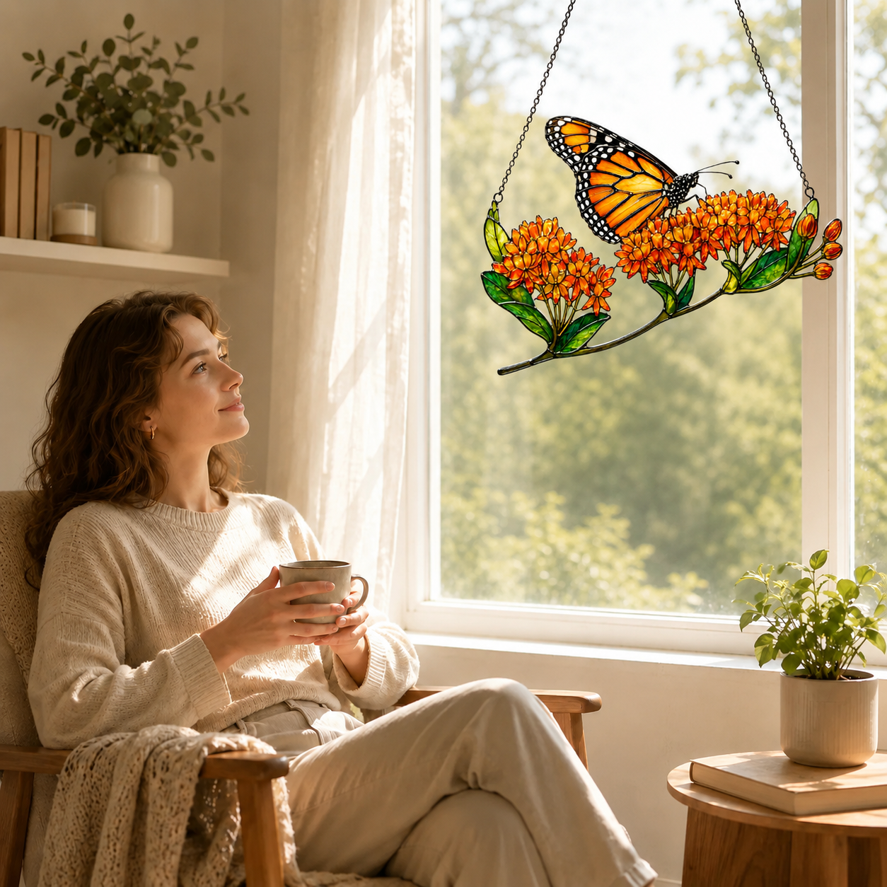 Monarch Butterfly & Orange Milkweed Holographic Acrylic Suncatcher
