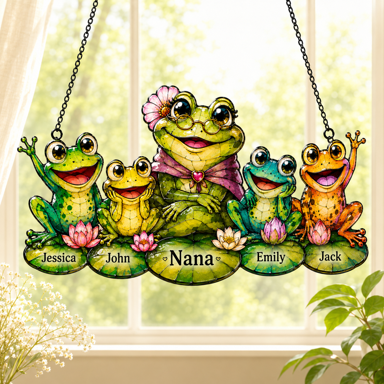 Personalized Nana Frog & Grandkids Holographic Acrylic Suncatcher