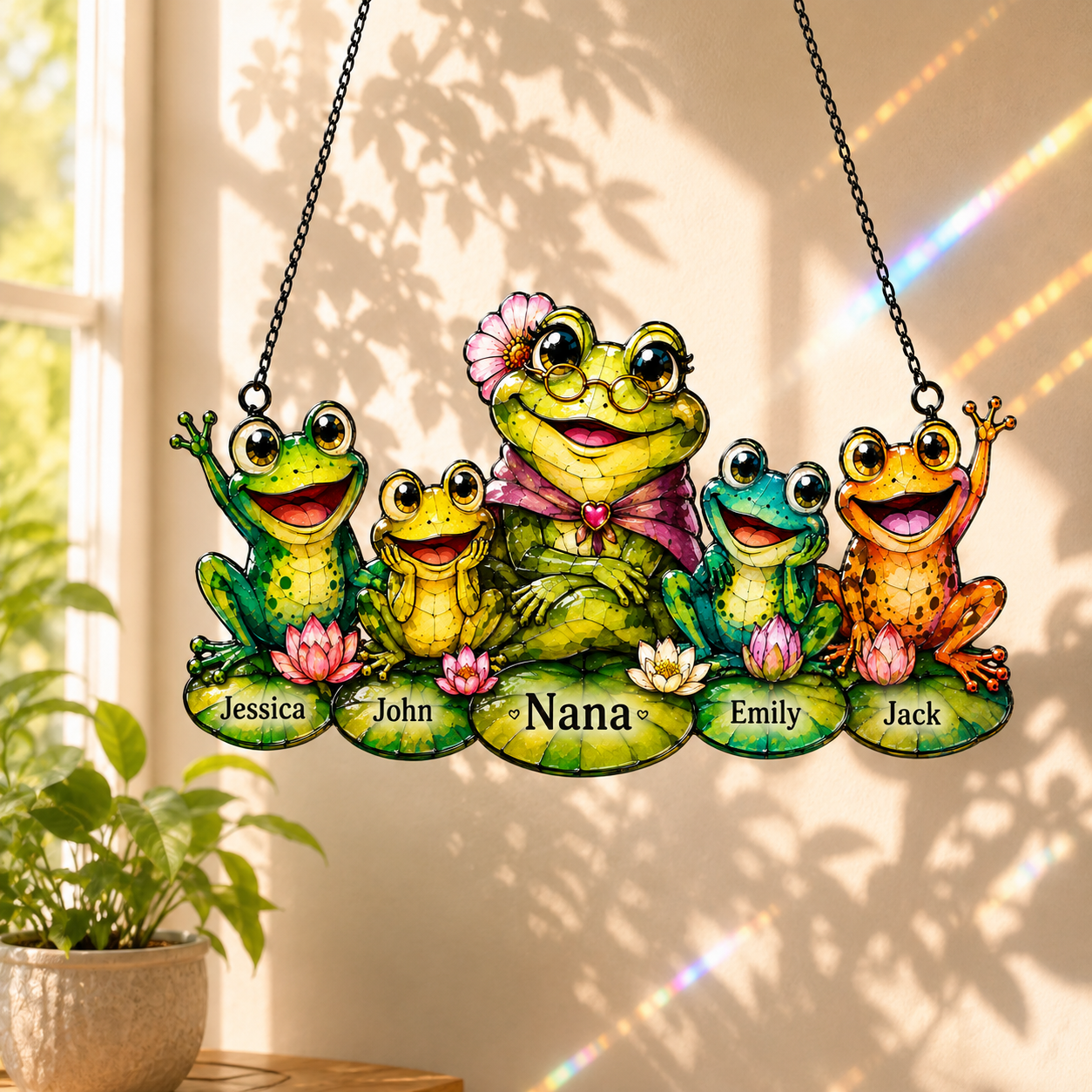 Personalized Nana Frog & Grandkids Holographic Acrylic Suncatcher