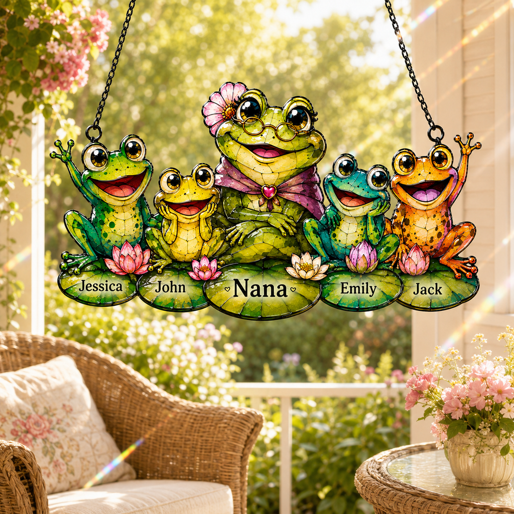 Personalized Nana Frog & Grandkids Holographic Acrylic Suncatcher