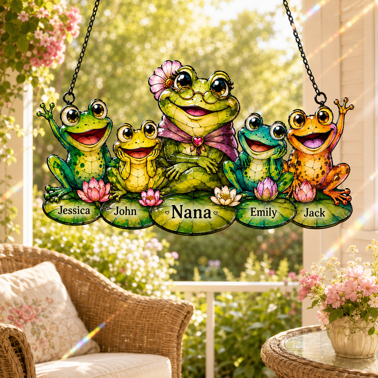Personalized Nana Frog & Grandkids Holographic Acrylic Suncatcher