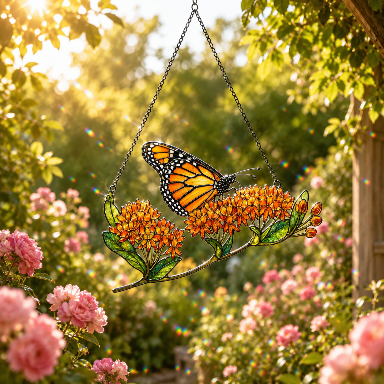 Monarch Butterfly & Orange Milkweed Holographic Acrylic Suncatcher