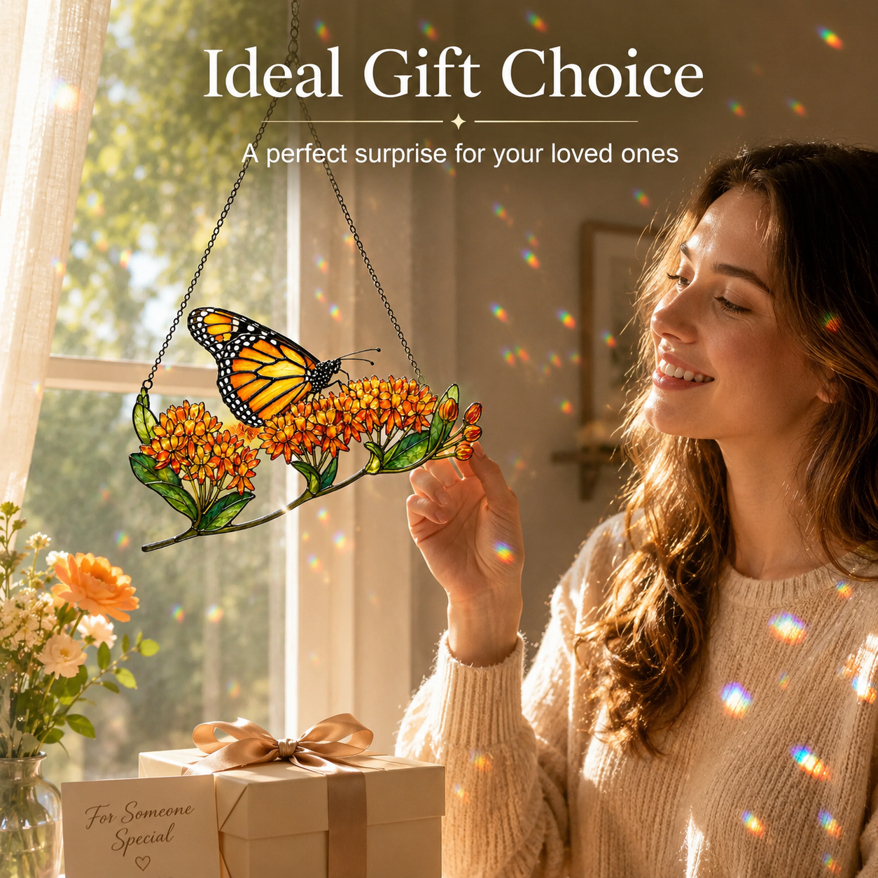Monarch Butterfly & Orange Milkweed Holographic Acrylic Suncatcher
