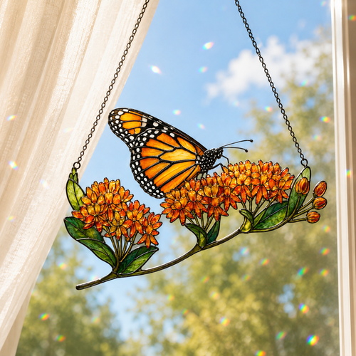 Monarch Butterfly & Orange Milkweed Holographic Acrylic Suncatcher