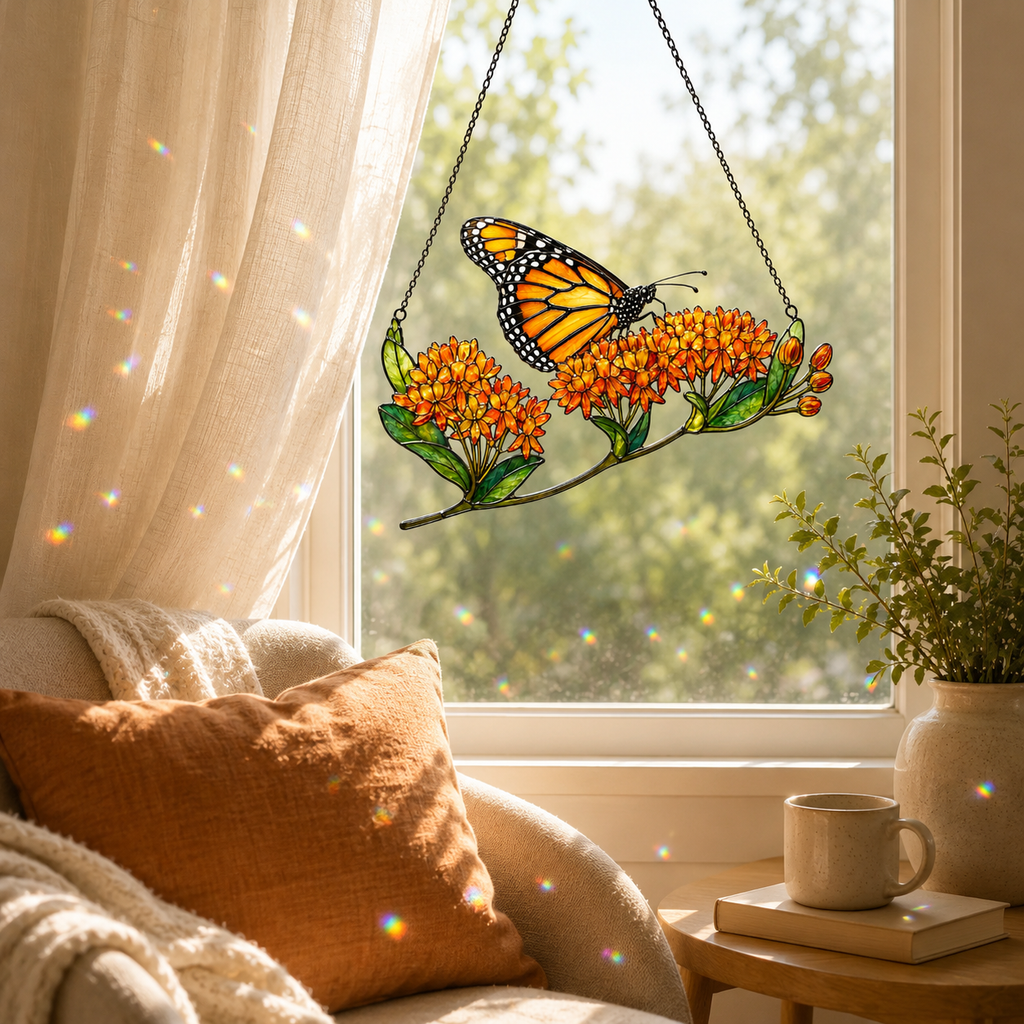 Monarch Butterfly & Orange Milkweed Holographic Acrylic Suncatcher