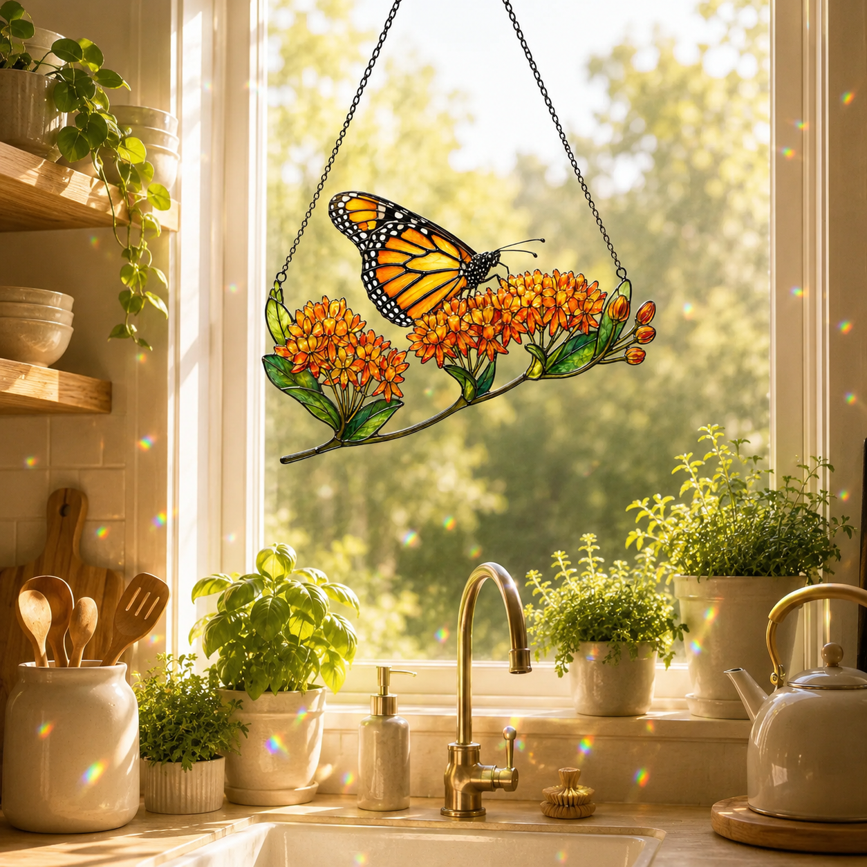 Monarch Butterfly & Orange Milkweed Holographic Acrylic Suncatcher