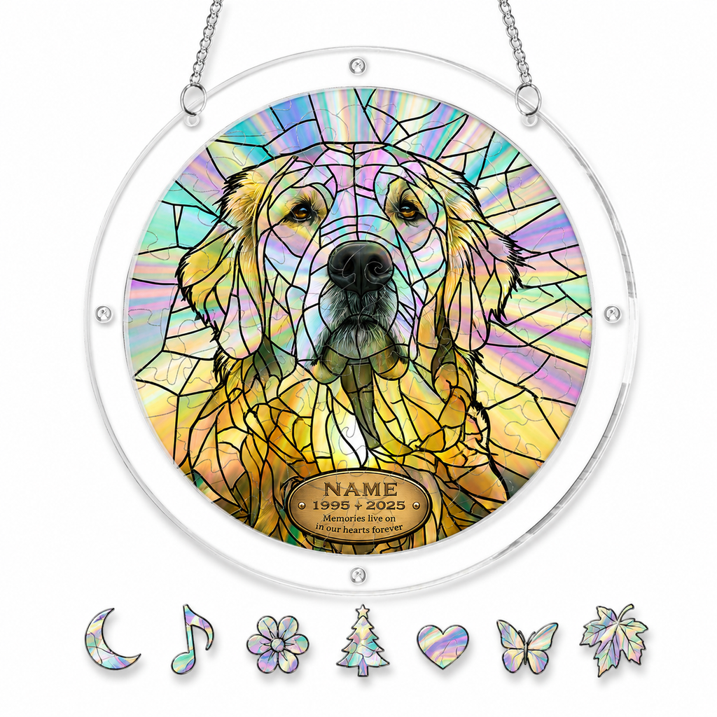 Personalized golden doodle dog memorial acrylic puzzle suncatcher stained-glass design close-up with custom name banner