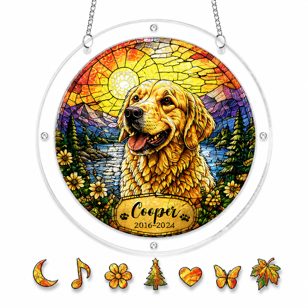 Personalized golden retriever mountain sunset dog memorial acrylic puzzle suncatcher stained-glass design close-up with custom name banner