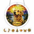 Personalized golden retriever mountain sunset dog memorial acrylic puzzle suncatcher stained-glass design close-up with custom name banner