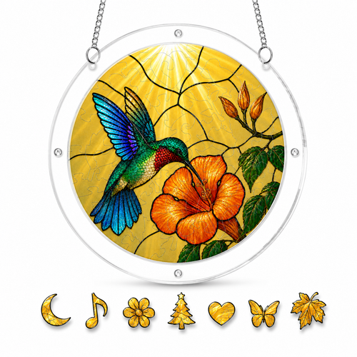 Hummingbird and orange hibiscus acrylic puzzle suncatcher stained-glass design close-up
