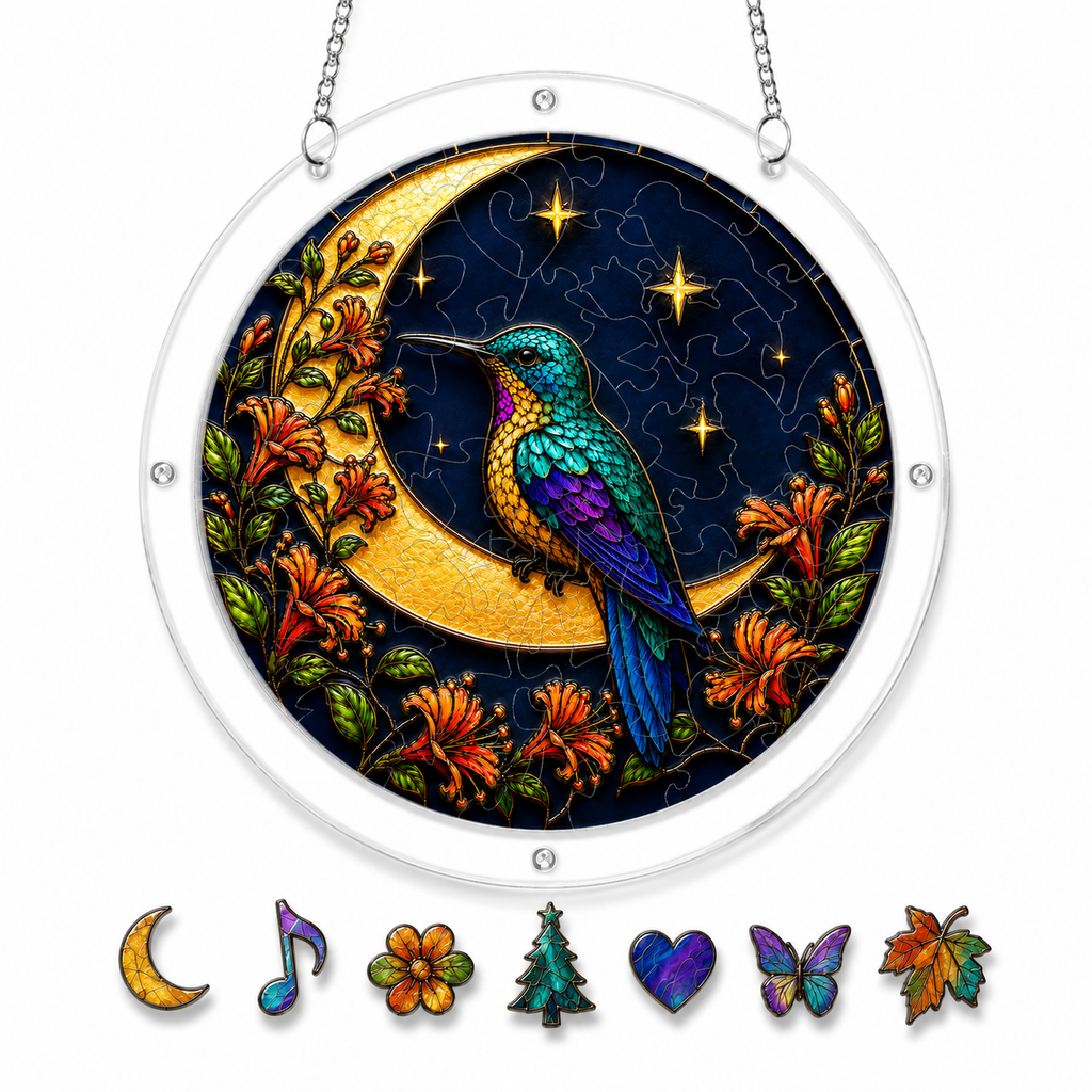 Hummingbird and crescent moon acrylic puzzle suncatcher stained-glass design close-up