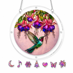 Hummingbird and fuchsia flowers acrylic puzzle suncatcher stained-glass design close-up