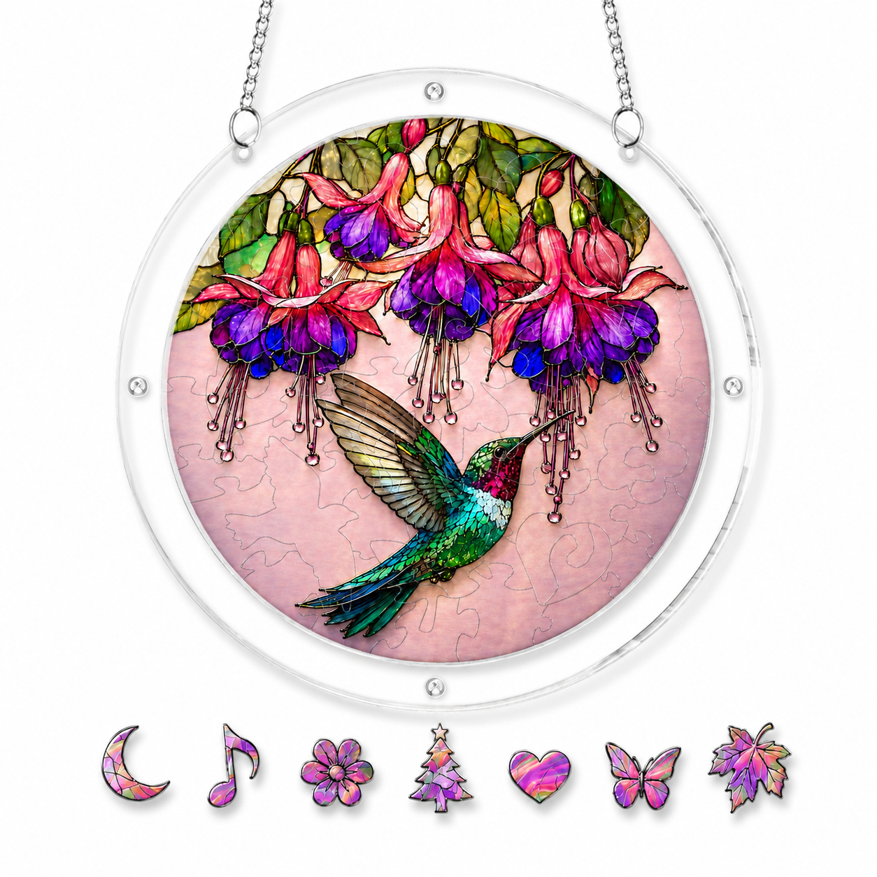 Hummingbird and fuchsia flowers acrylic puzzle suncatcher stained-glass design close-up