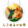 Hummingbird and trumpet flowers acrylic puzzle suncatcher stained-glass design close-up