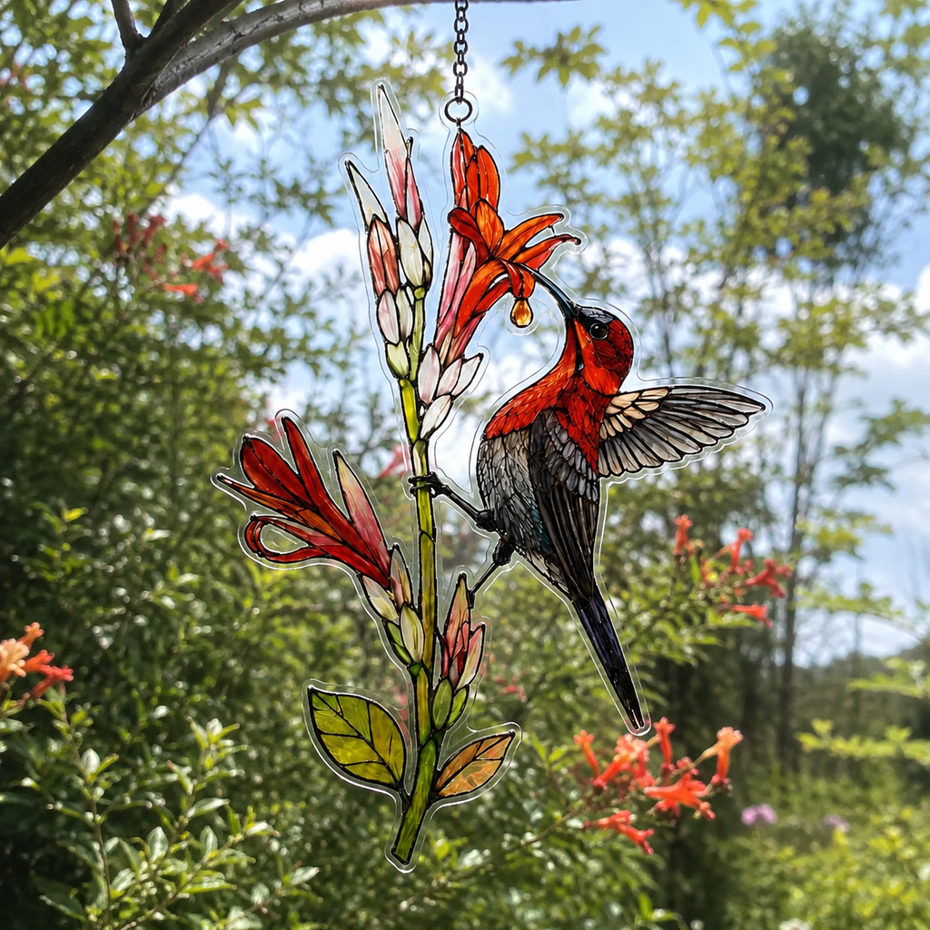 Crimson Sunbird & Canna Lily Holographic Acrylic Suncatcher