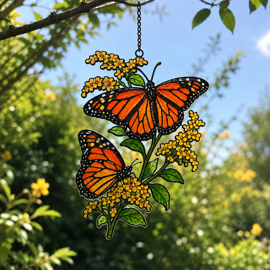 Monarch Butterflies & Golden Goldenrod Holographic Acrylic Suncatcher