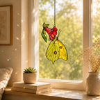 Yellow Sulphur Butterfly & Red Trumpet Flower Holographic Acrylic Suncatcher