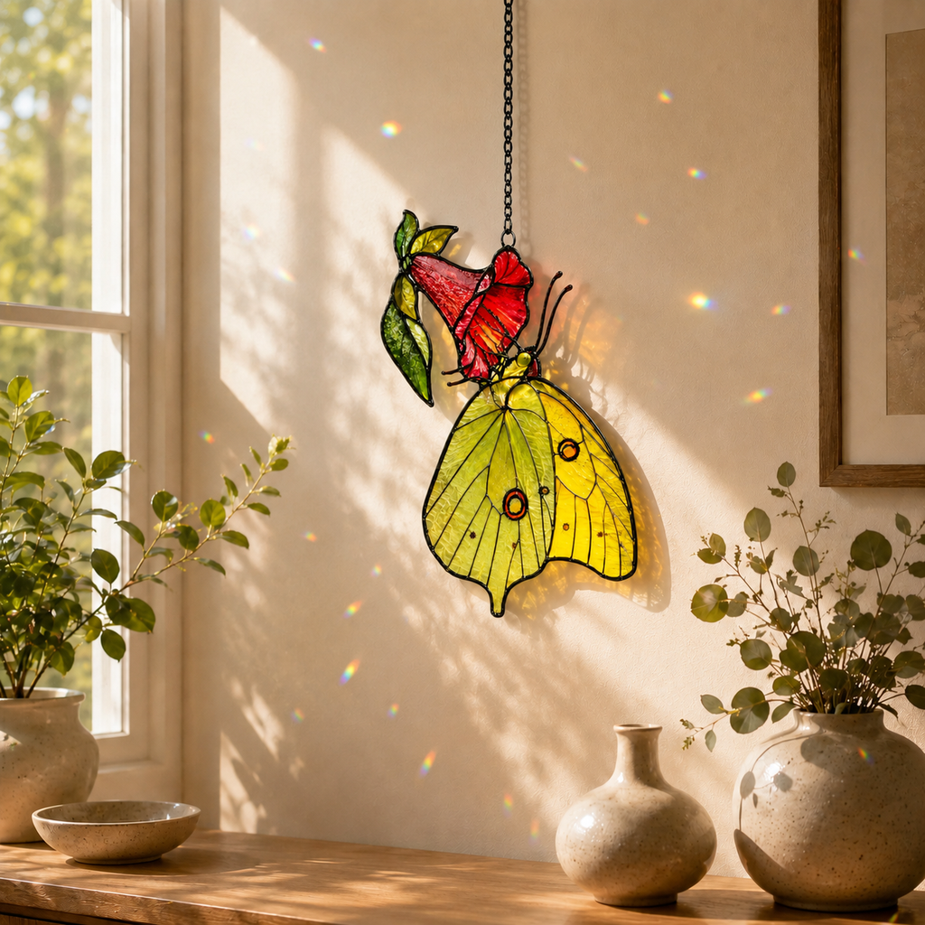 Yellow Sulphur Butterfly & Red Trumpet Flower Holographic Acrylic Suncatcher