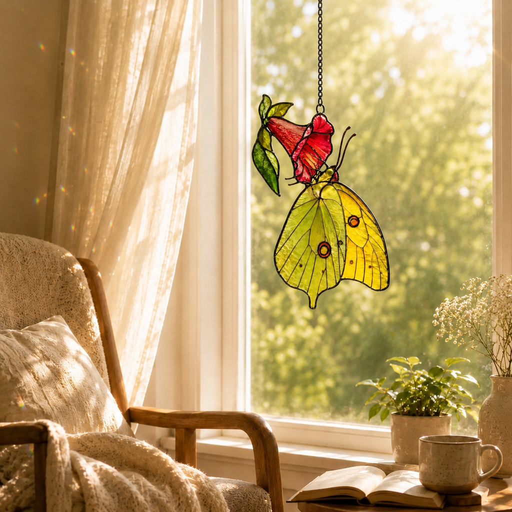 Yellow Sulphur Butterfly & Red Trumpet Flower Holographic Acrylic Suncatcher