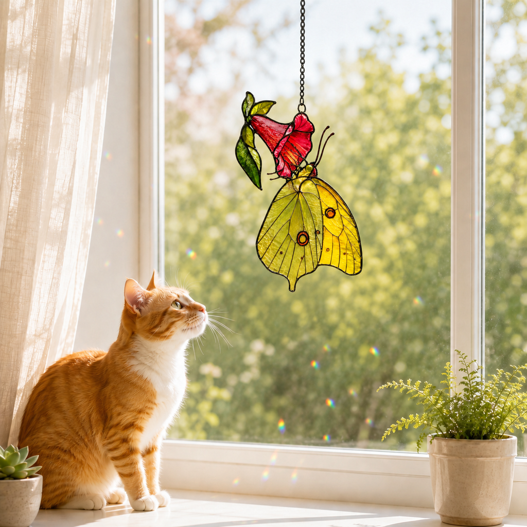 Yellow Sulphur Butterfly & Red Trumpet Flower Holographic Acrylic Suncatcher