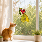 Yellow Sulphur Butterfly & Red Trumpet Flower Holographic Acrylic Suncatcher