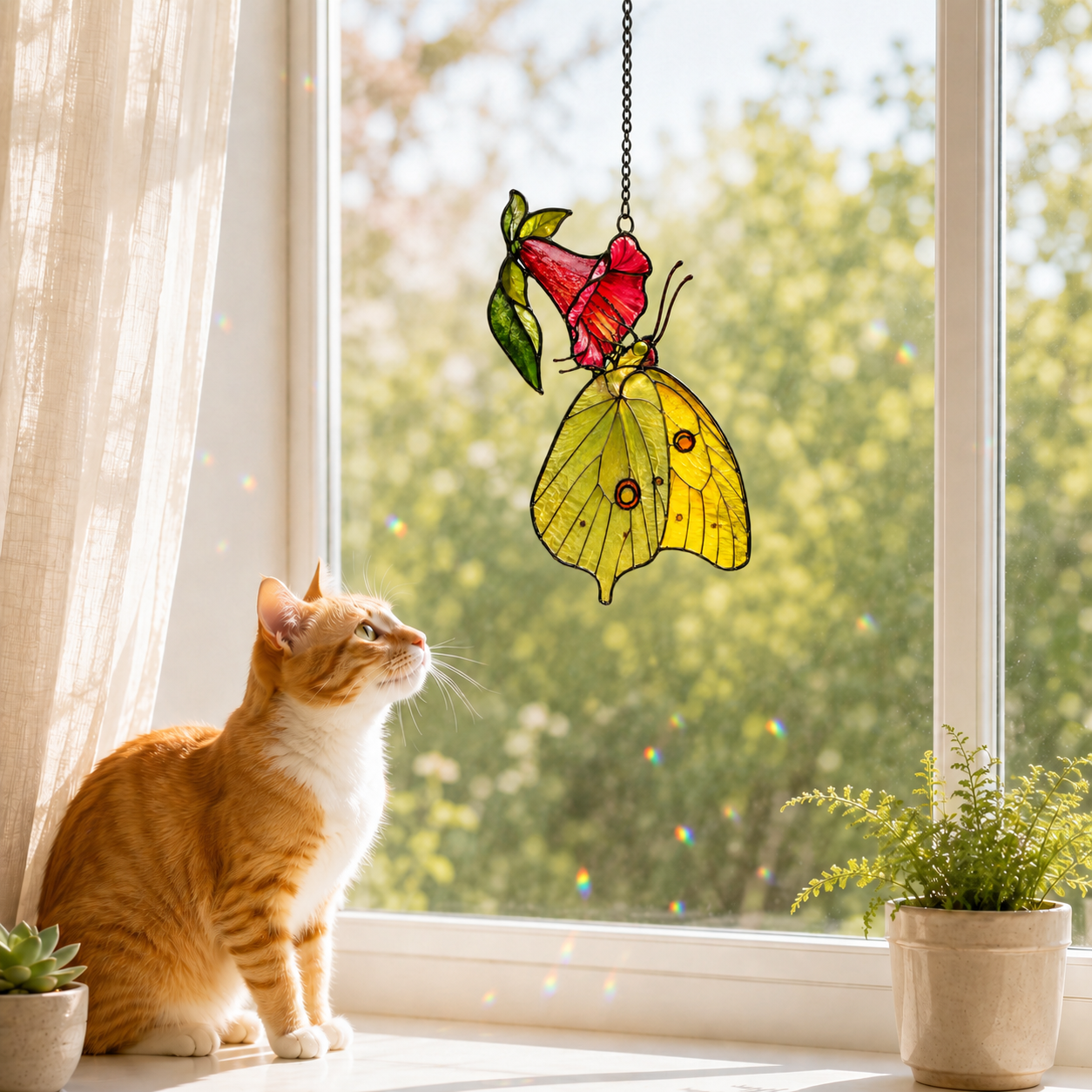 Yellow Sulphur Butterfly & Red Trumpet Flower Holographic Acrylic Suncatcher