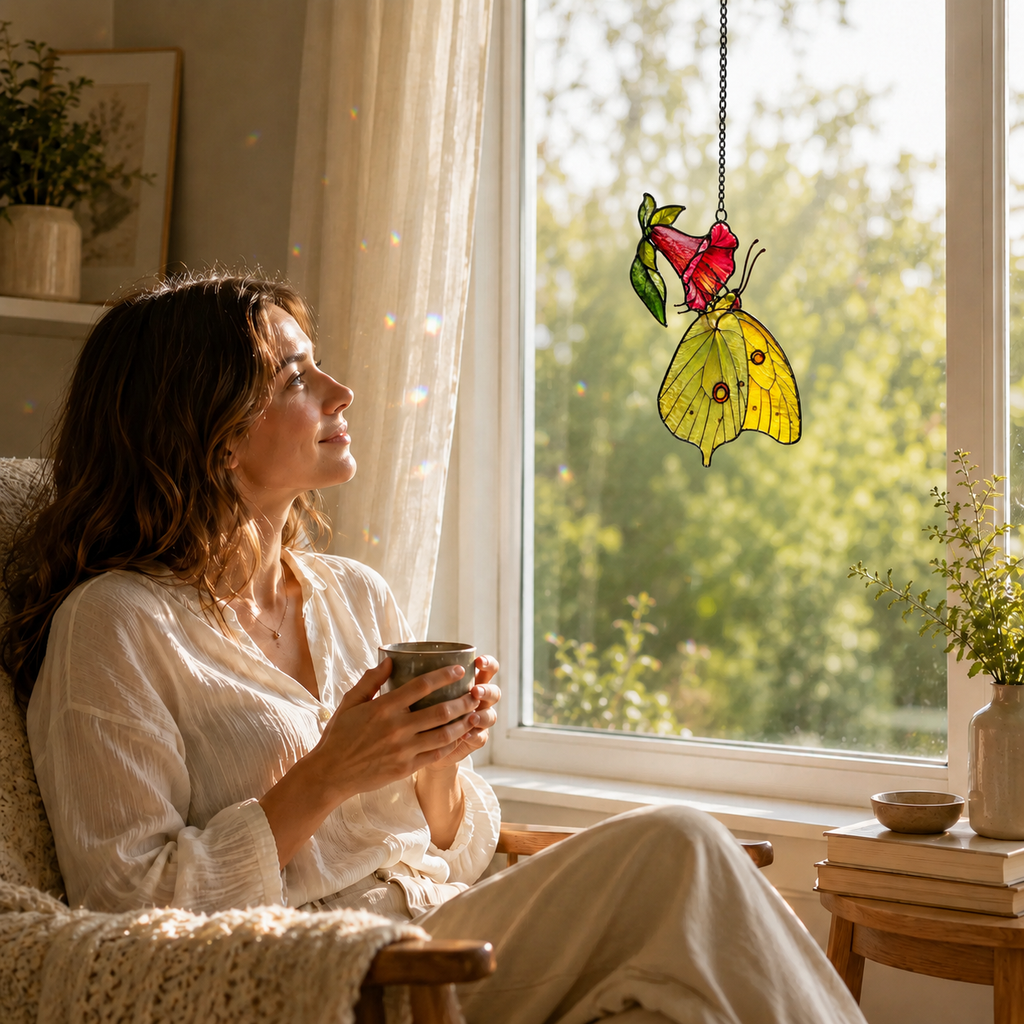 Yellow Sulphur Butterfly & Red Trumpet Flower Holographic Acrylic Suncatcher