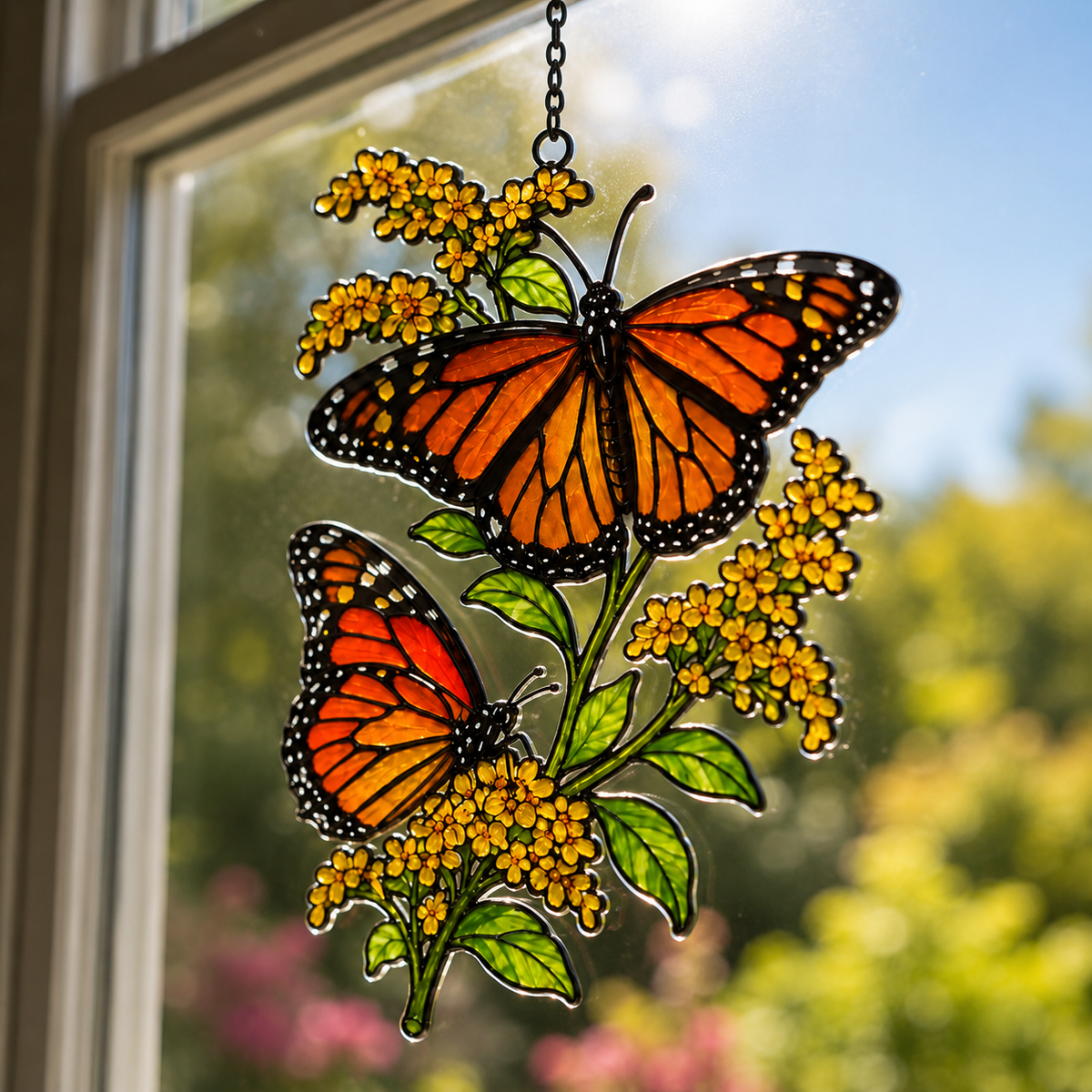 Monarch Butterflies & Golden Goldenrod Holographic Acrylic Suncatcher