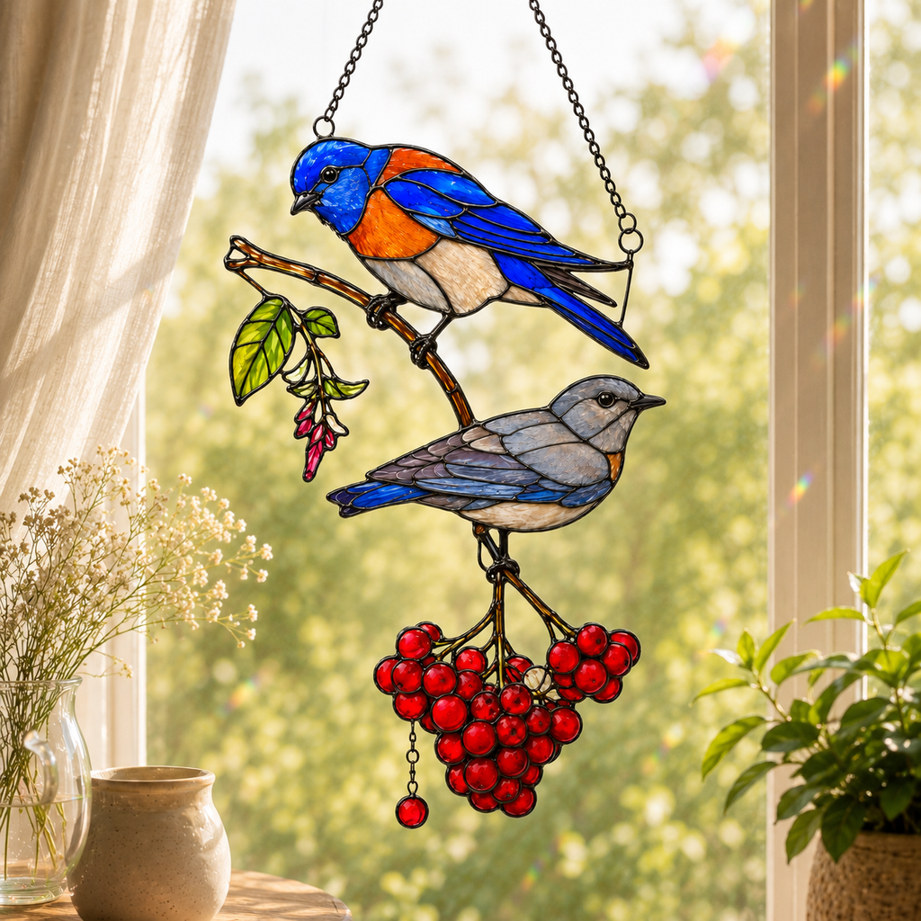 Bluebird Pair & Berries Holographic Acrylic Suncatcher