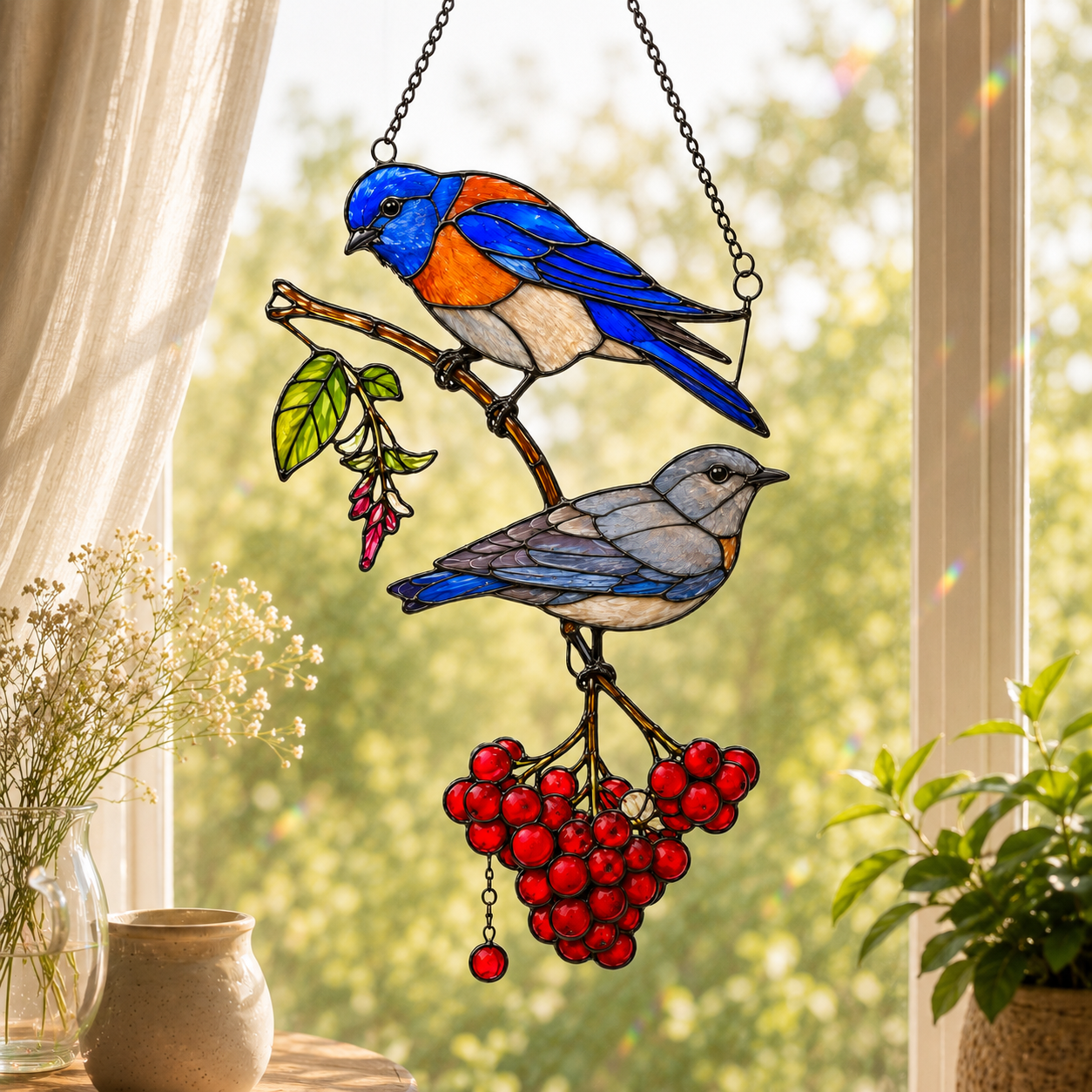 Bluebird Pair & Berries Holographic Acrylic Suncatcher