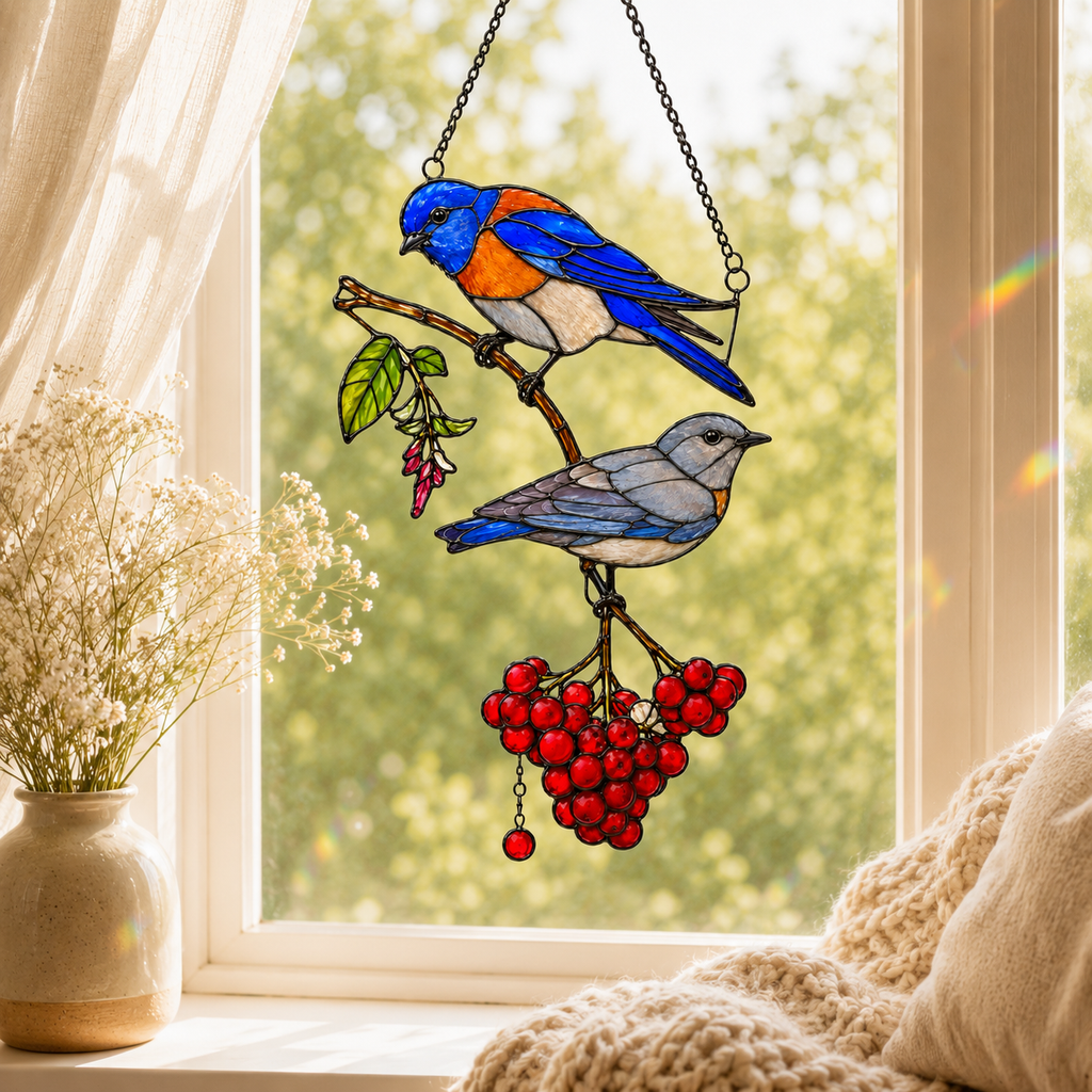 Bluebird Pair & Berries Holographic Acrylic Suncatcher