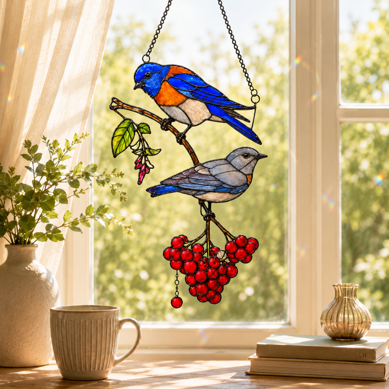 Bluebird Pair & Berries Holographic Acrylic Suncatcher