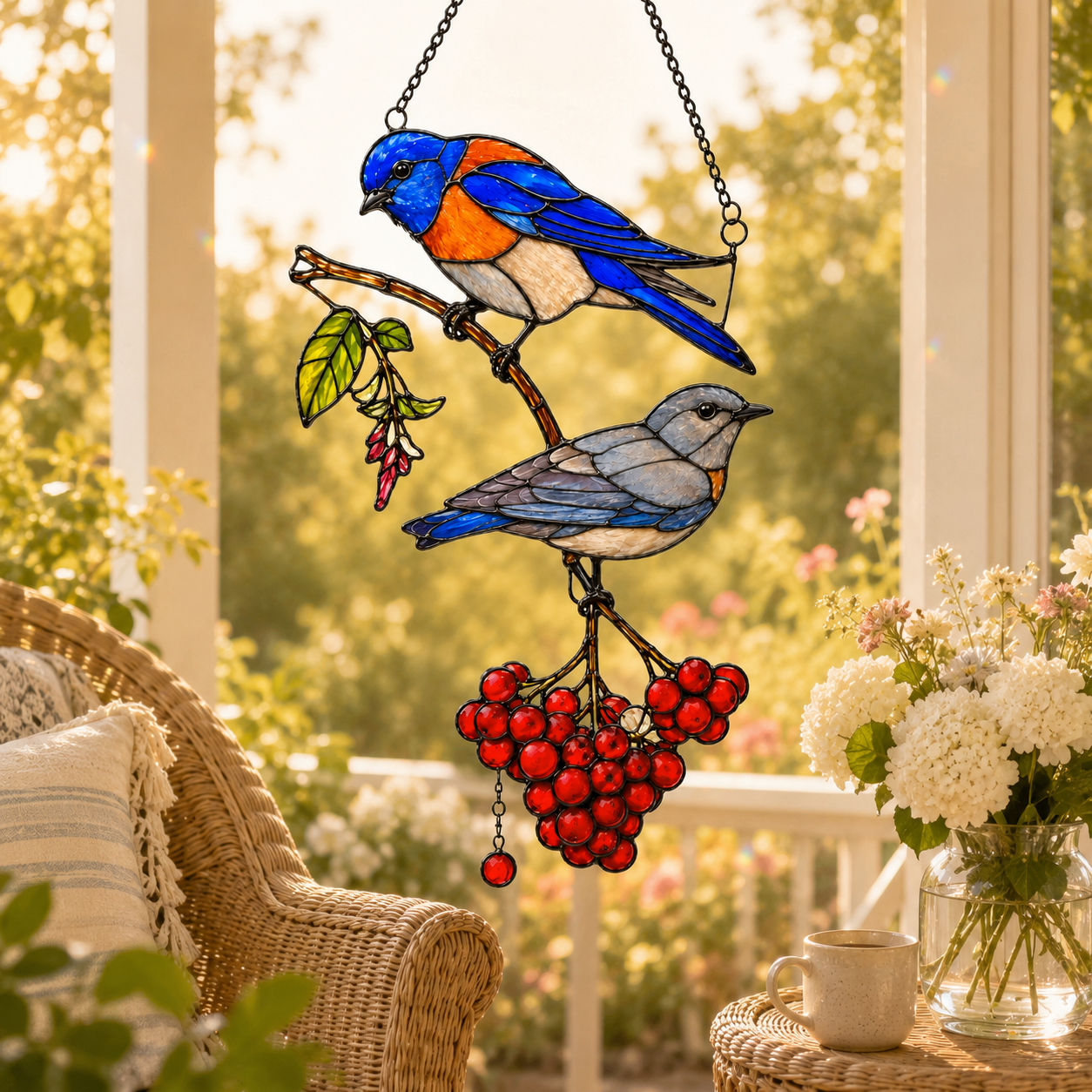 Bluebird Pair & Berries Holographic Acrylic Suncatcher