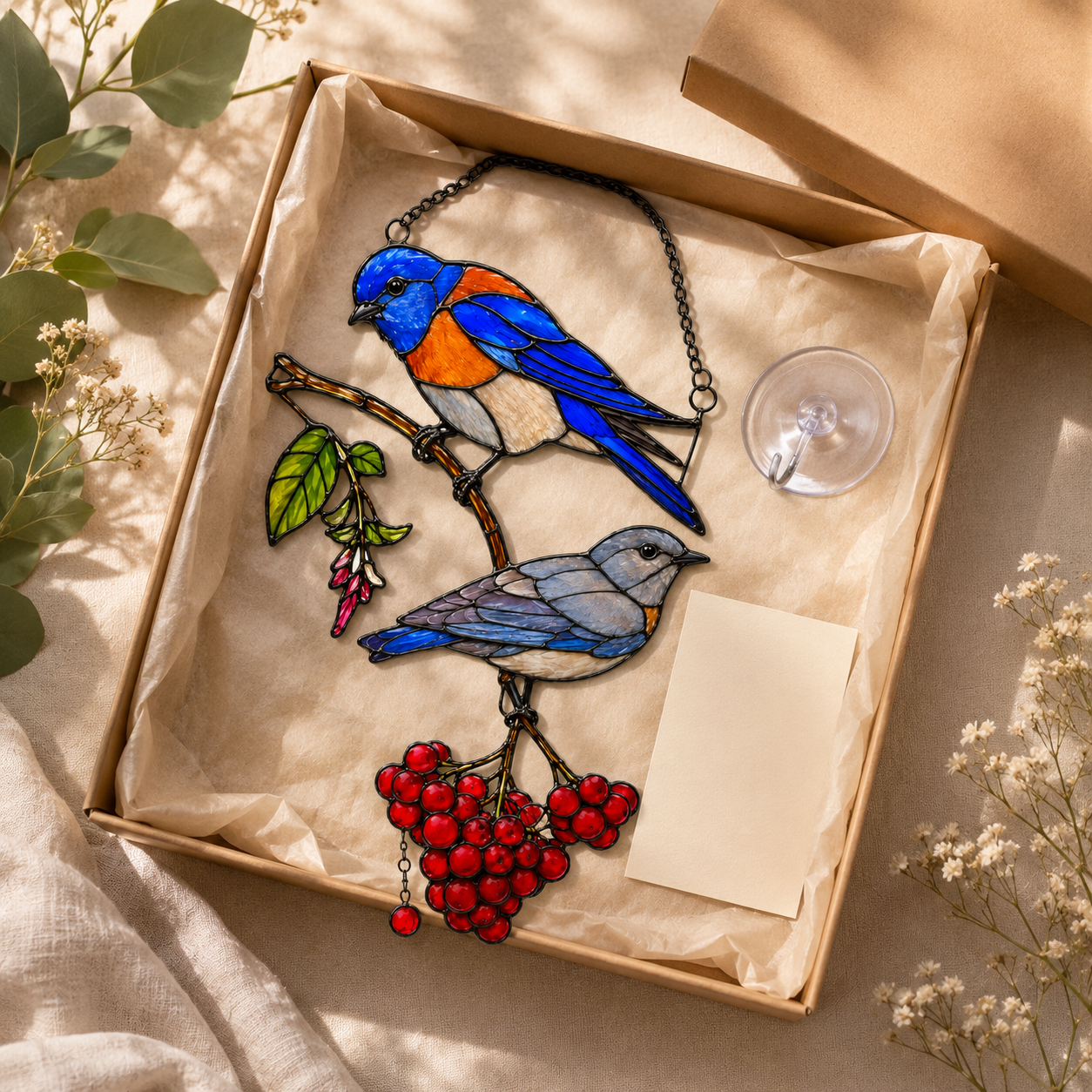 Bluebird Pair & Berries Holographic Acrylic Suncatcher