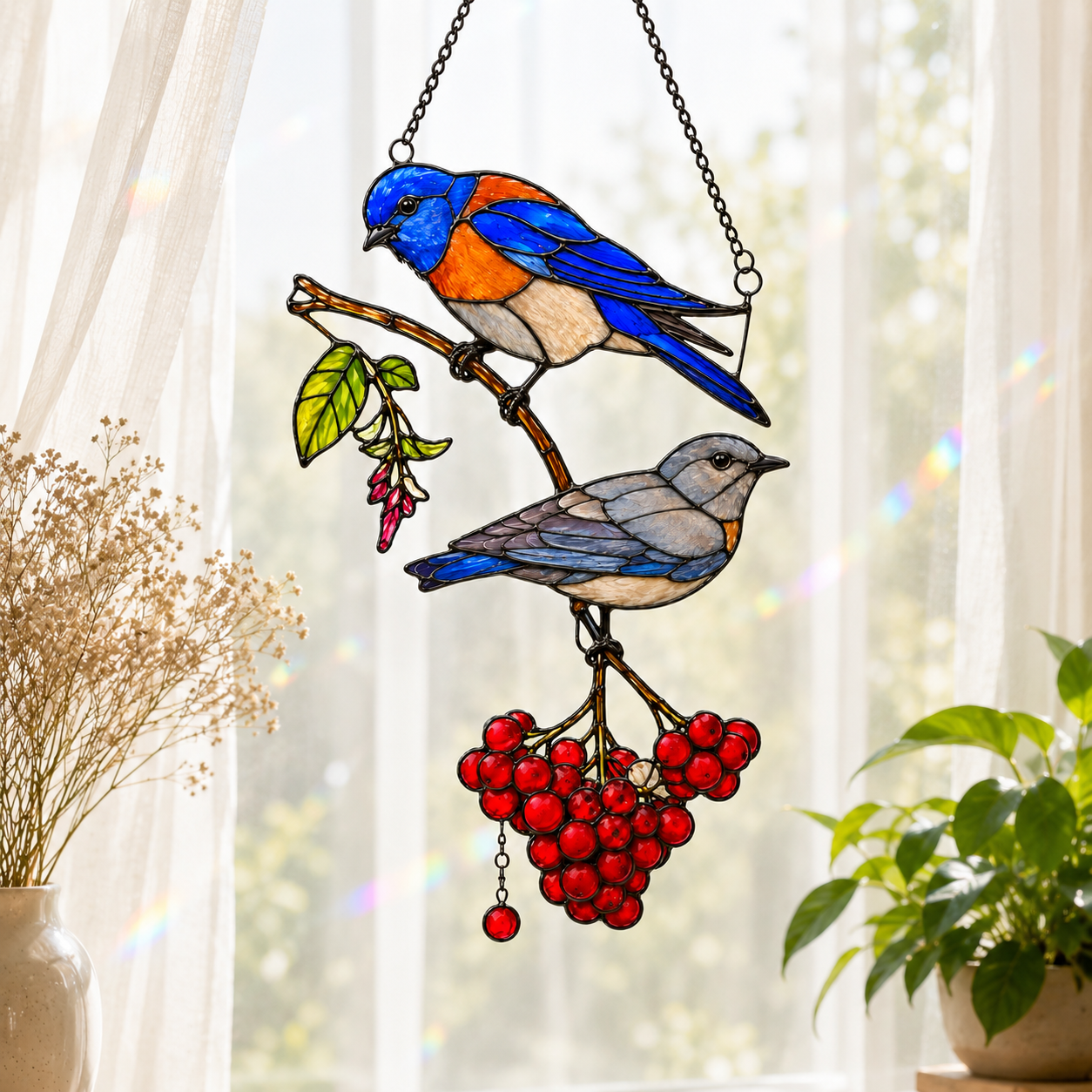 Bluebird Pair & Berries Holographic Acrylic Suncatcher