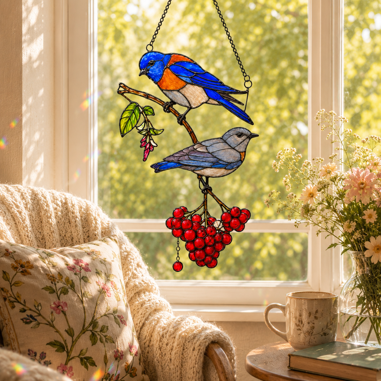 Bluebird Pair & Berries Holographic Acrylic Suncatcher