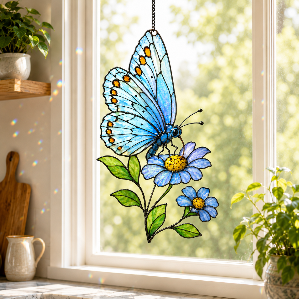 Blue Butterfly & Daisy Holographic Acrylic Suncatcher