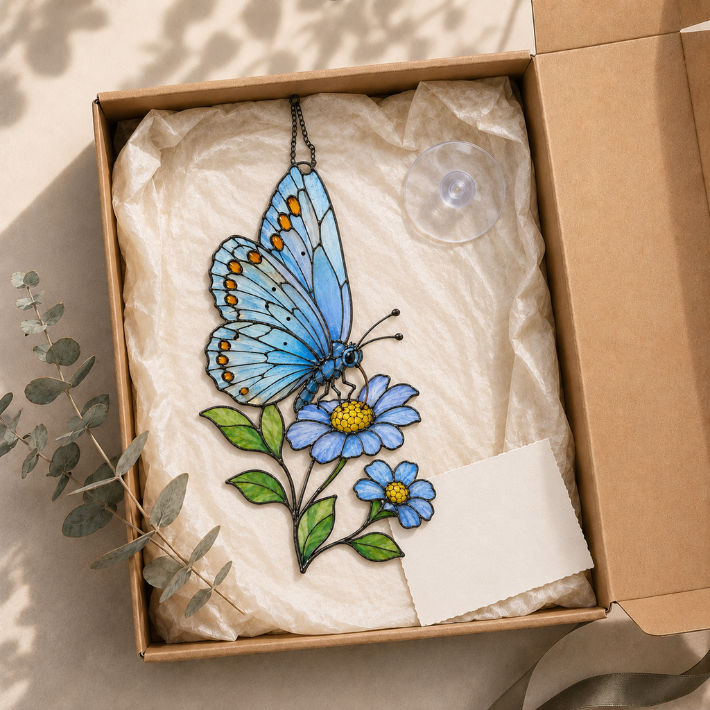 Blue Butterfly & Daisy Holographic Acrylic Suncatcher