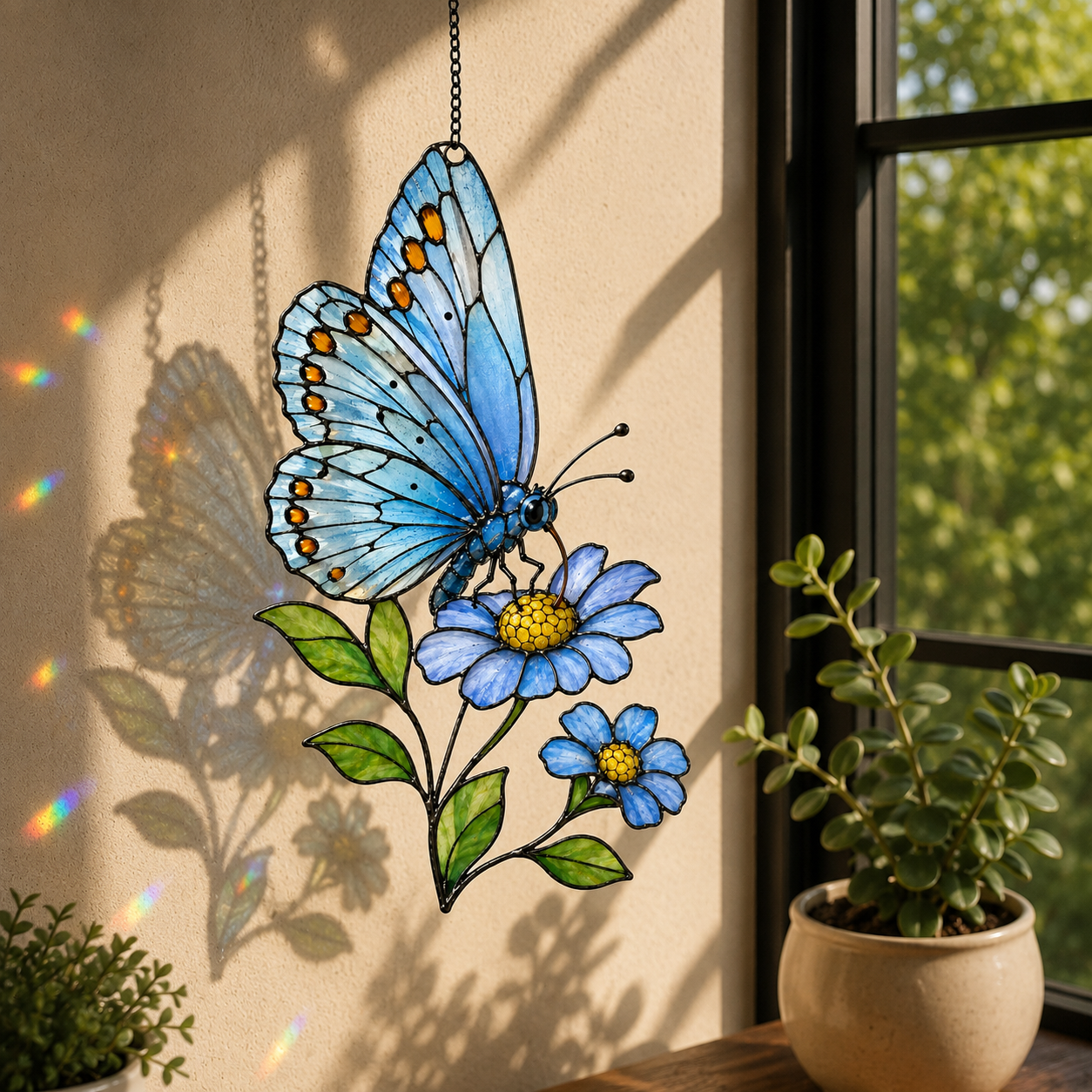 Blue Butterfly & Daisy Holographic Acrylic Suncatcher