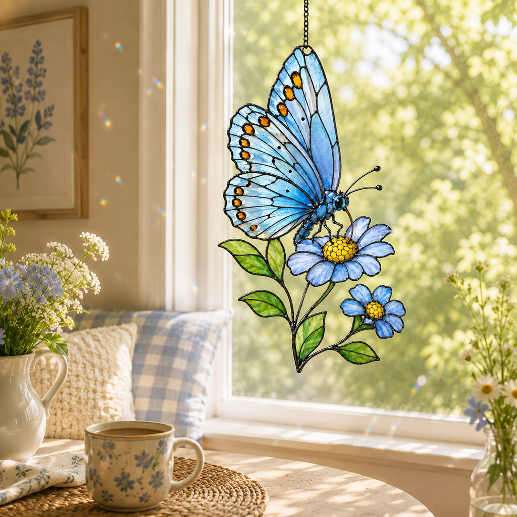 Blue Butterfly & Daisy Holographic Acrylic Suncatcher