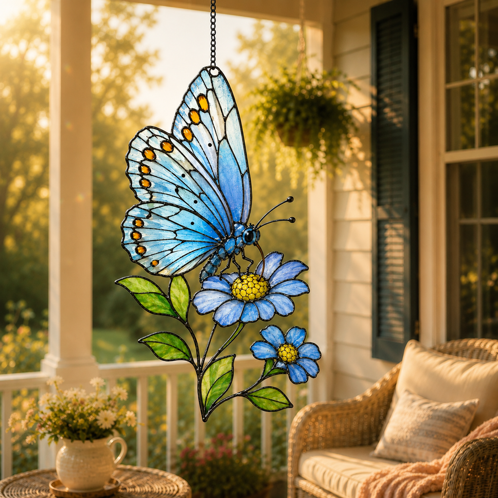 Blue Butterfly & Daisy Holographic Acrylic Suncatcher
