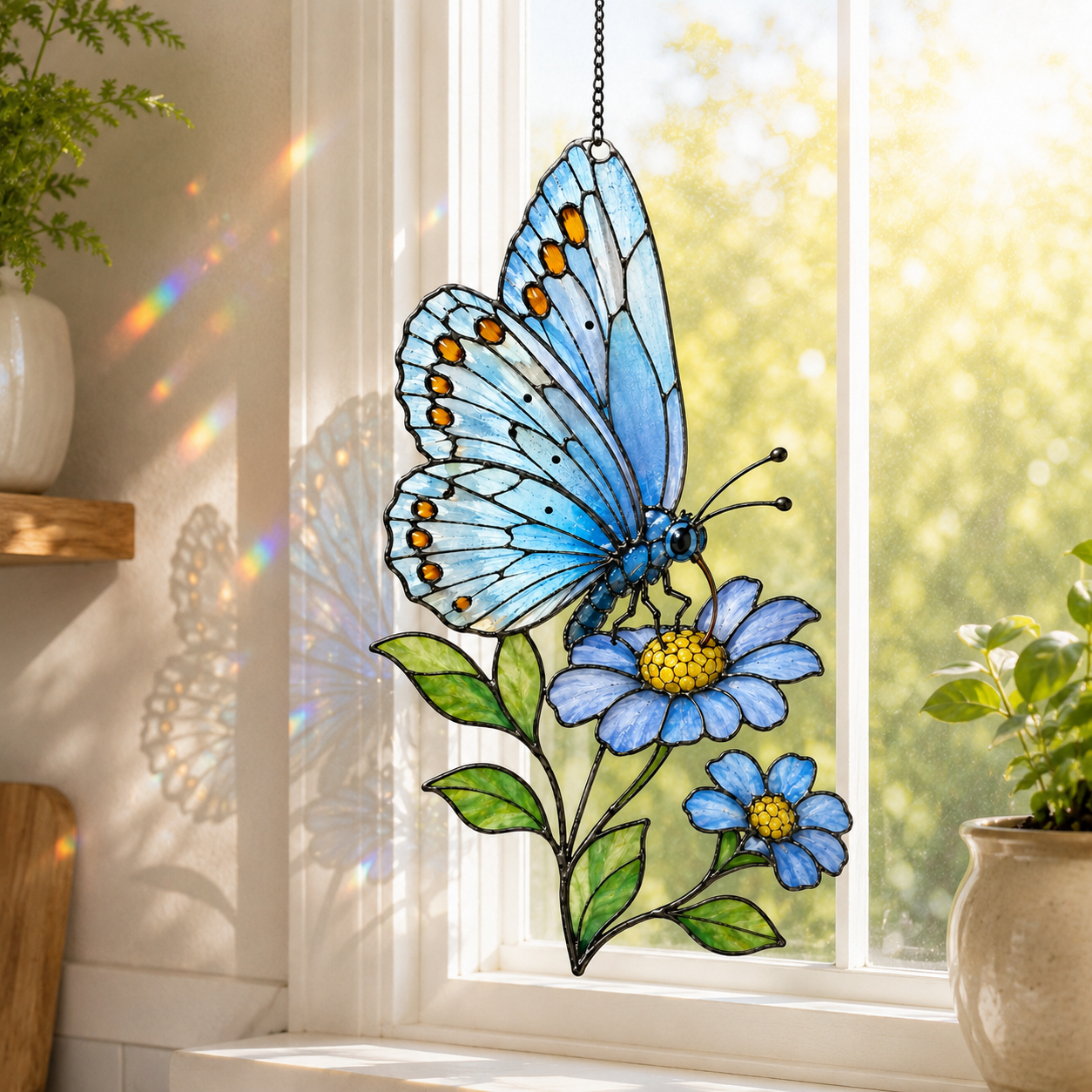 Blue Butterfly & Daisy Holographic Acrylic Suncatcher