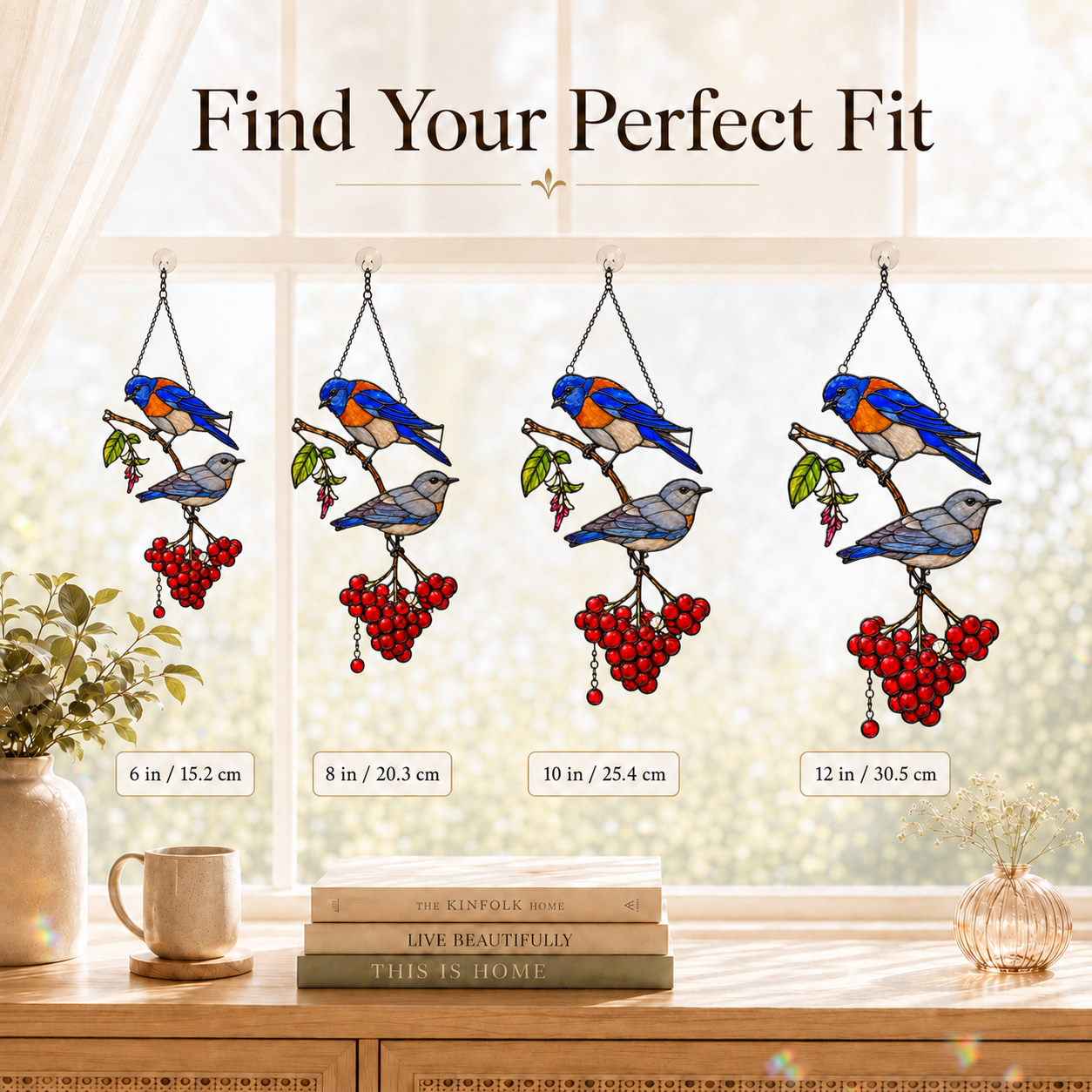 Bluebird Pair & Berries Holographic Acrylic Suncatcher