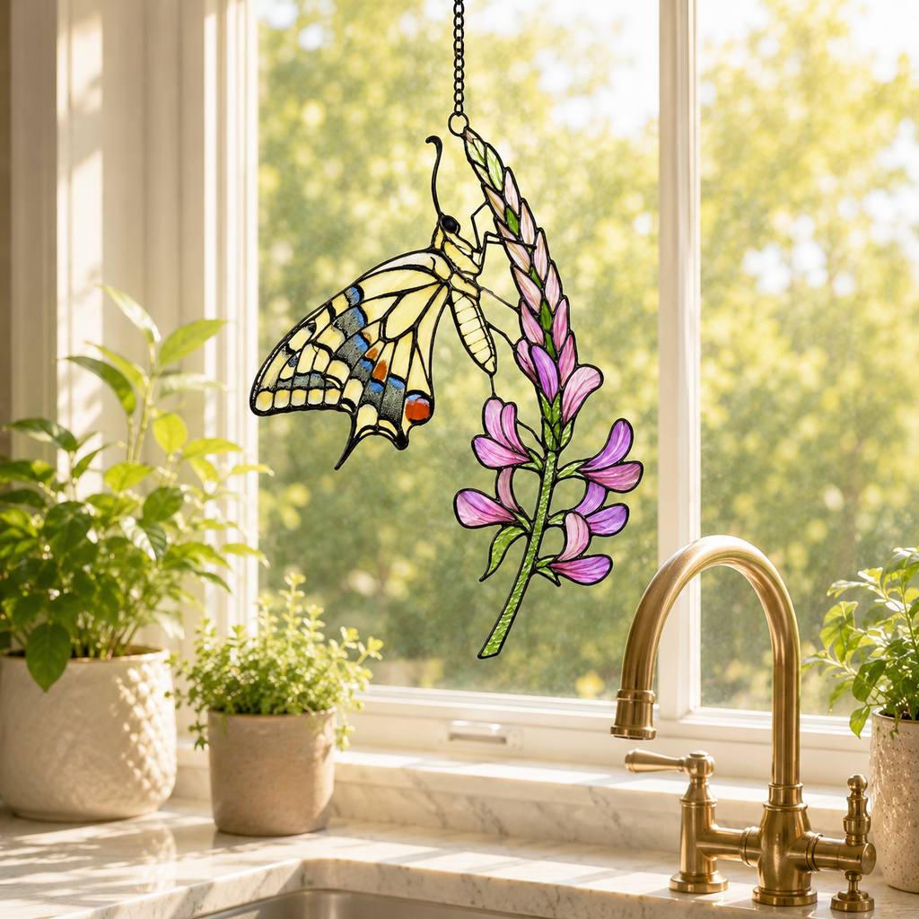 Swallowtail Butterfly & Lupine Holographic Acrylic Suncatcher