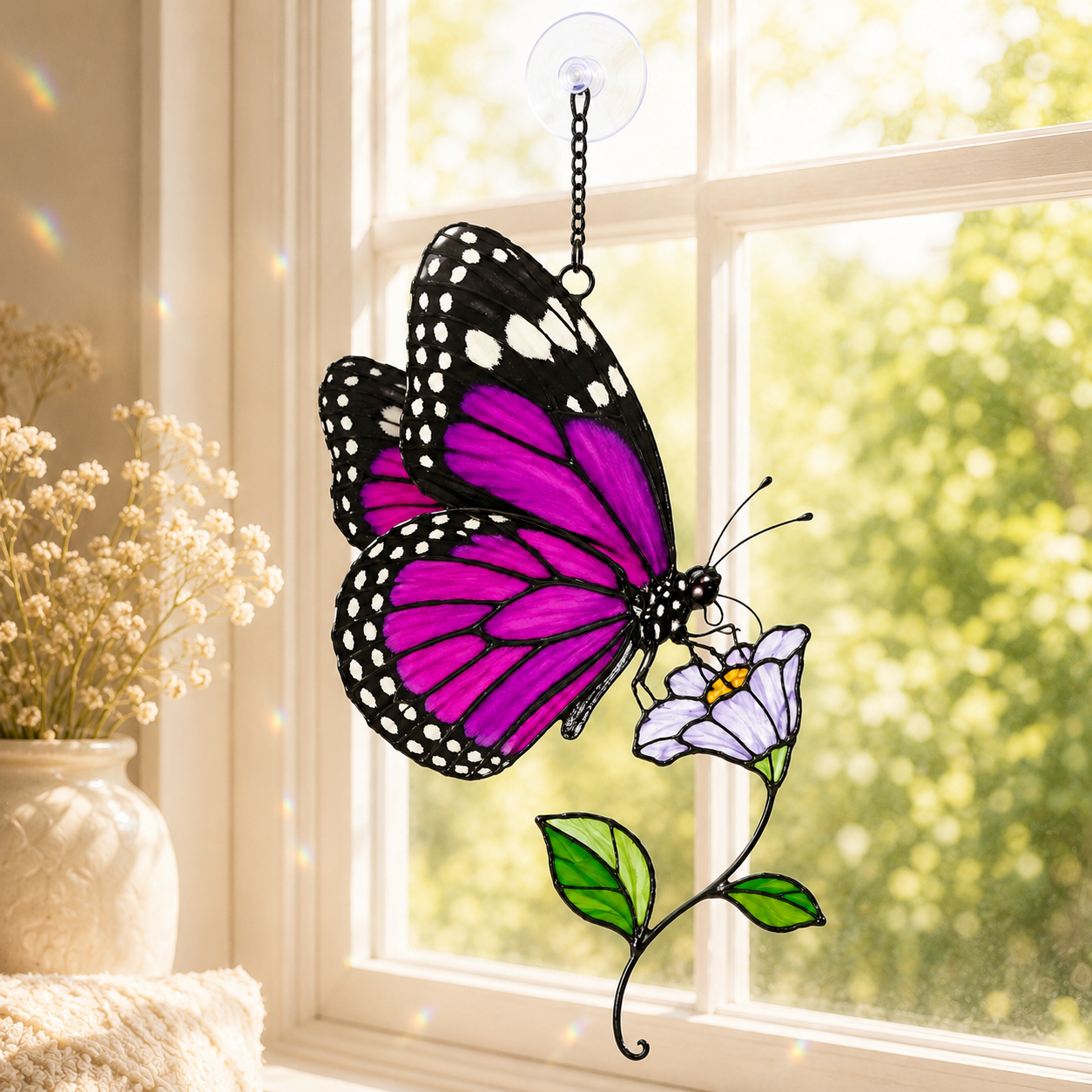 Purple Butterfly & Lilac Blossom Holographic Acrylic Suncatcher