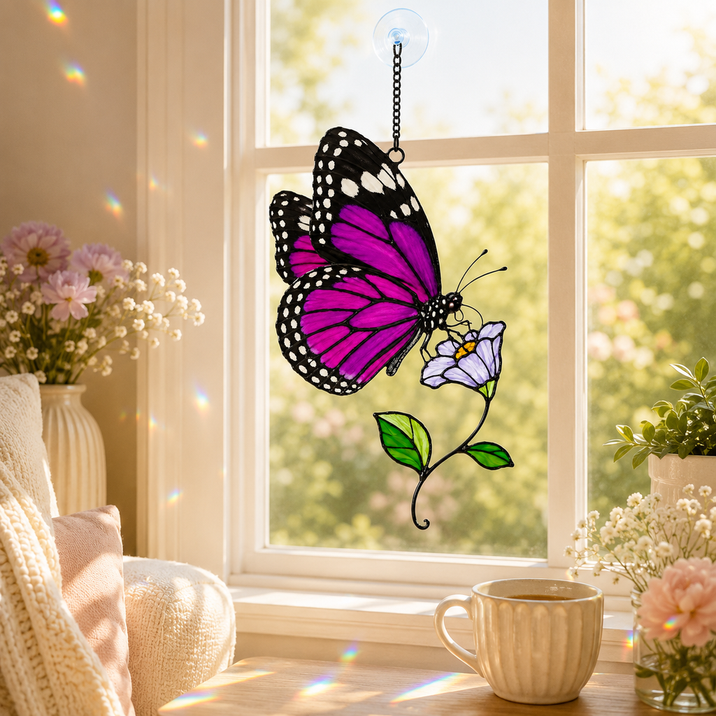 Purple Butterfly & Lilac Blossom Holographic Acrylic Suncatcher