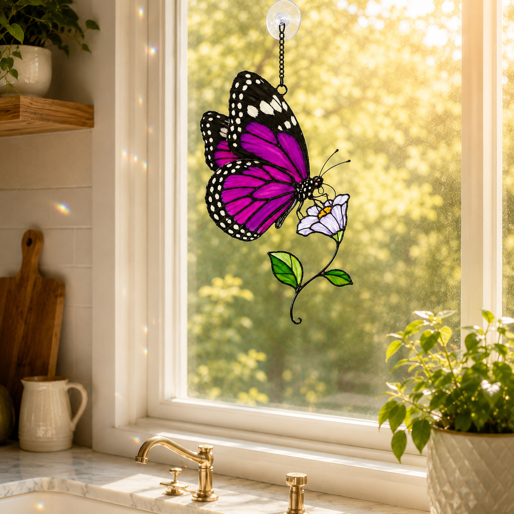 Purple Butterfly & Lilac Blossom Holographic Acrylic Suncatcher