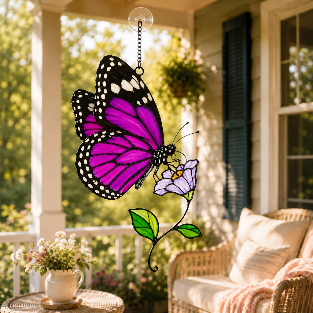 Purple Butterfly & Lilac Blossom Holographic Acrylic Suncatcher